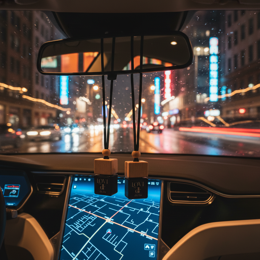 DU.LIA LOVI car perfume with soft vanilla, musk, and elegant peony-inspired visuals.