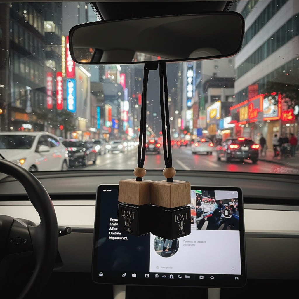 Beautiful LOVI perfume bottle surrounded by petals and citrus representing lychee-mandarin blend.