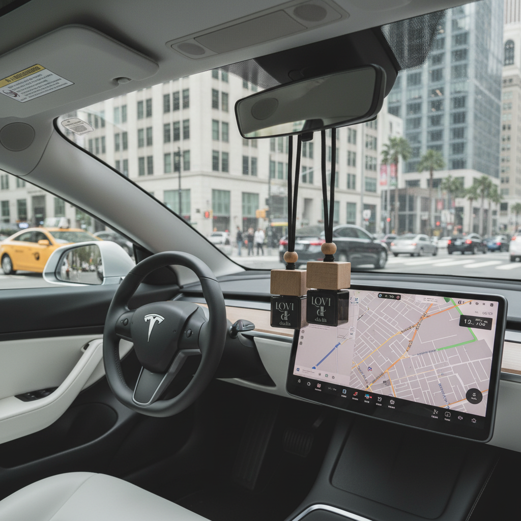 LOVI hanging freshener inside a luxury car interior — sweet, modern, long-lasting scent.