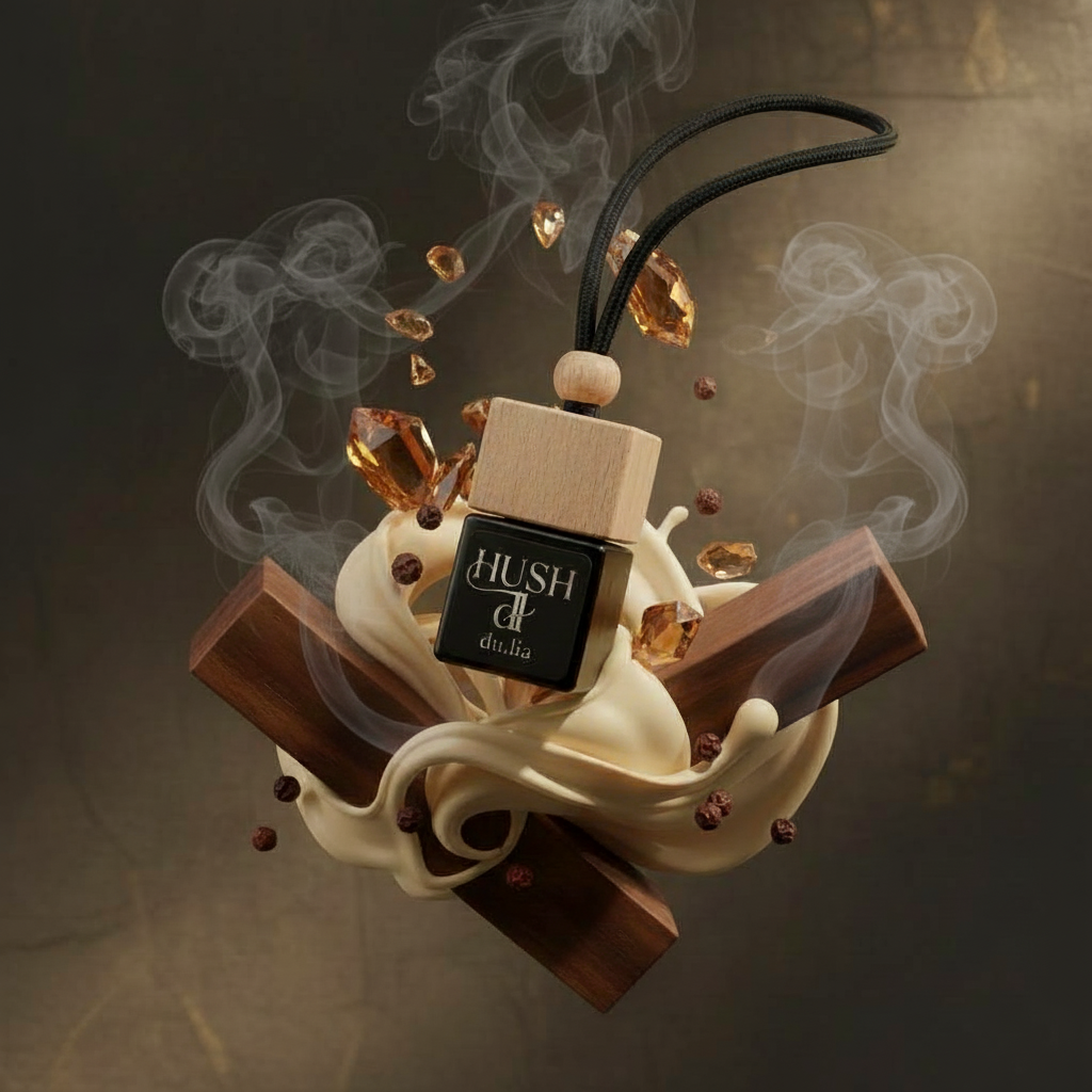 DU.LIA HUSH luxury car perfume with smoked tobacco, spice, and velvet vanilla aroma.