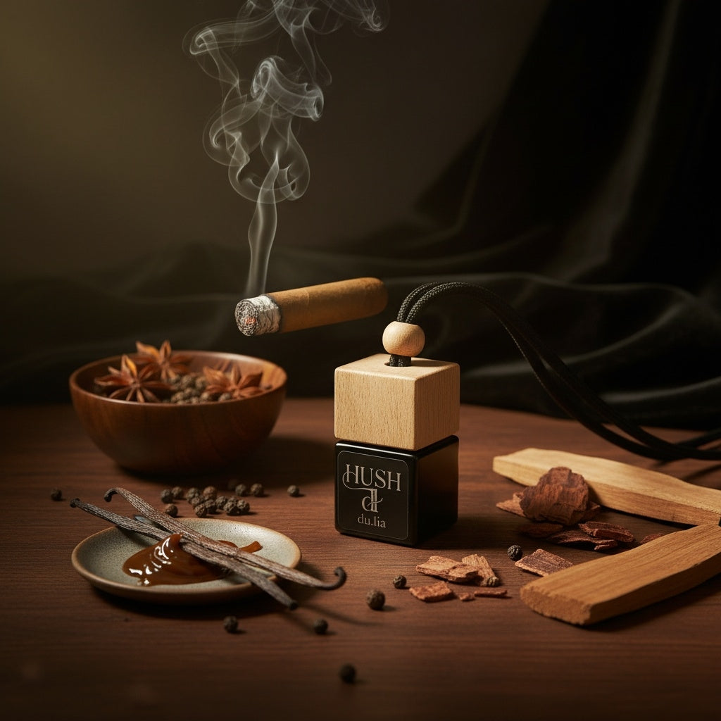 Dark, mysterious HUSH fragrance bottle with smoky atmosphere and warm wood tones.