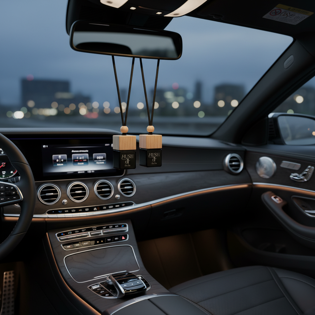 DU.LIA HUSH car perfume showcased with vanilla, rich spice, and tobacco blends.