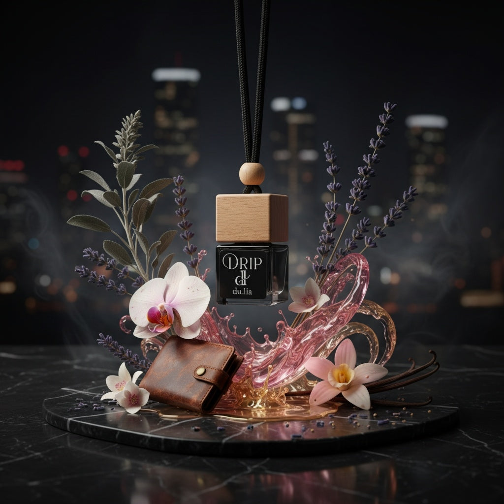 DU.LIA DRIP car scent surrounded by caramel, espresso, sweet cream and warm gourmand notes — premium long-lasting car perfume