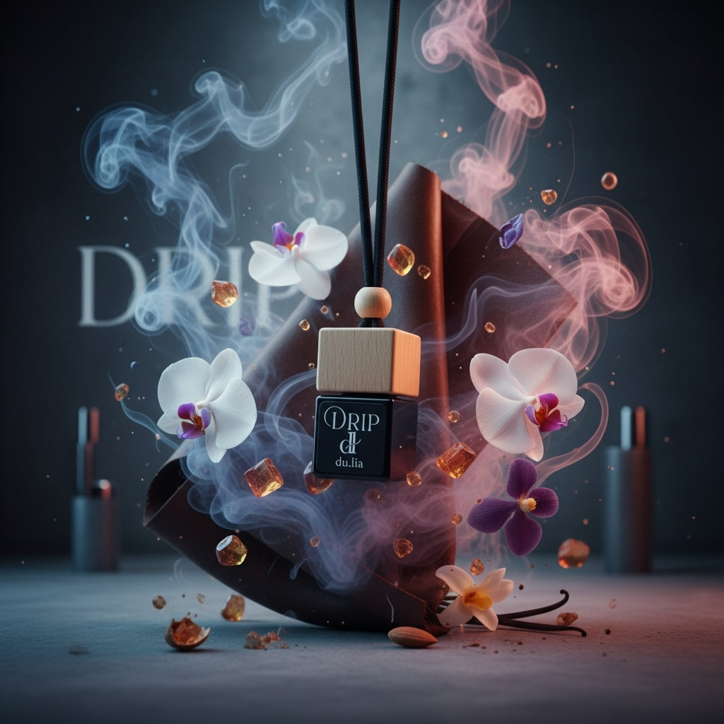 DU.LIA DRIP fragrance bottle in warm, dark caramel tones — bold, addictive long-lasting car interior perfume