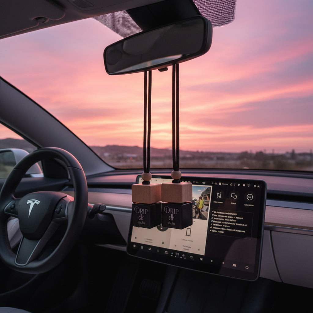 DU.LIA DRIP car perfume hanging inside a luxury car — warm caramel-coffee scent for a premium driving experience