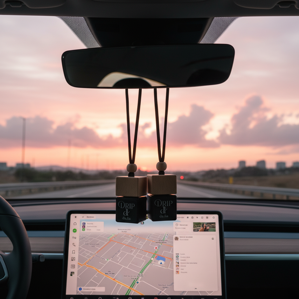 DU.LIA DRIP car freshener bottle styled with caramel, roasted coffee and sweet aromatic elements — luxury car scent