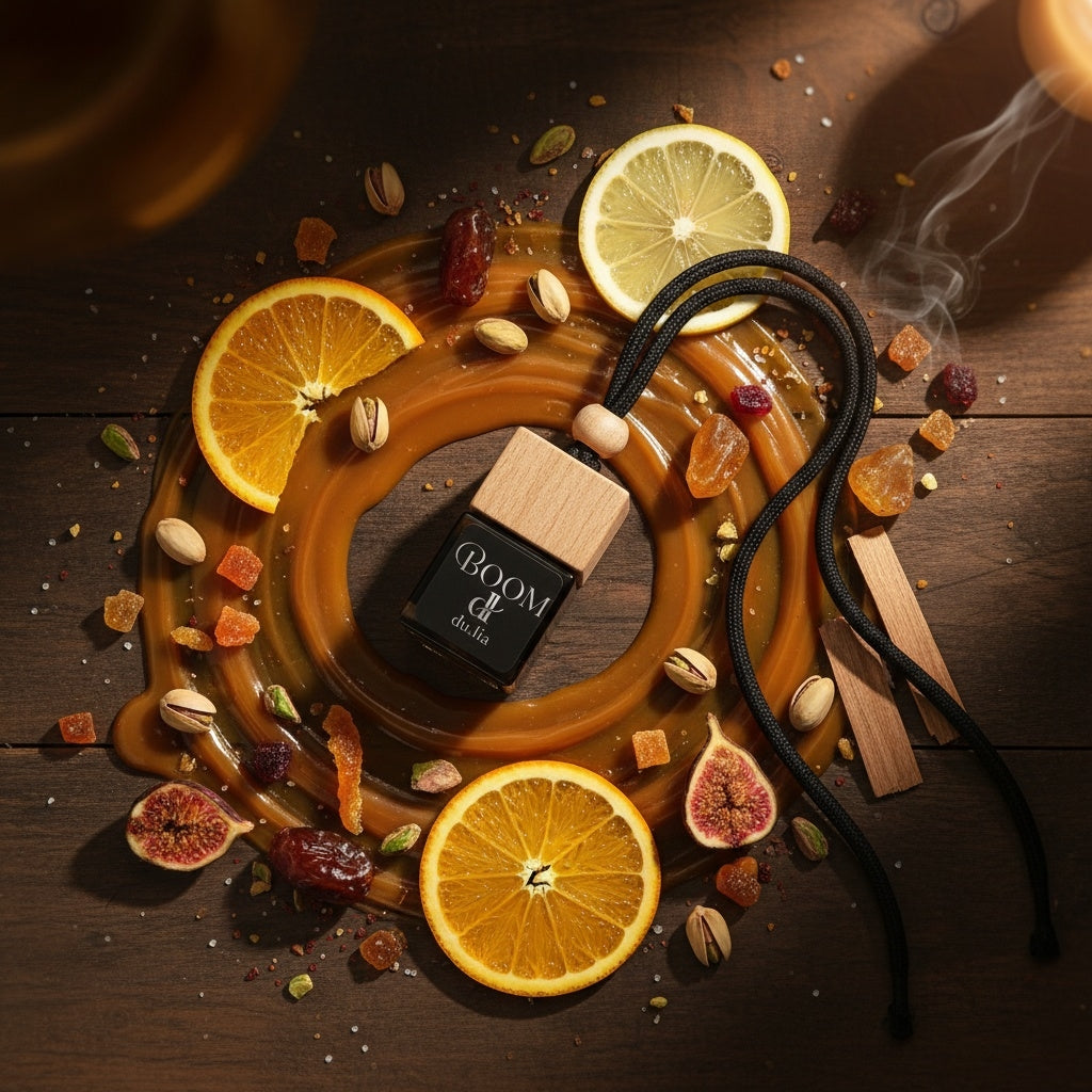 DU.LIA BOOM luxury car perfume bottle surrounded by caramel, pistachio, maple, citrus and warm spices – long-lasting hanging car freshener
