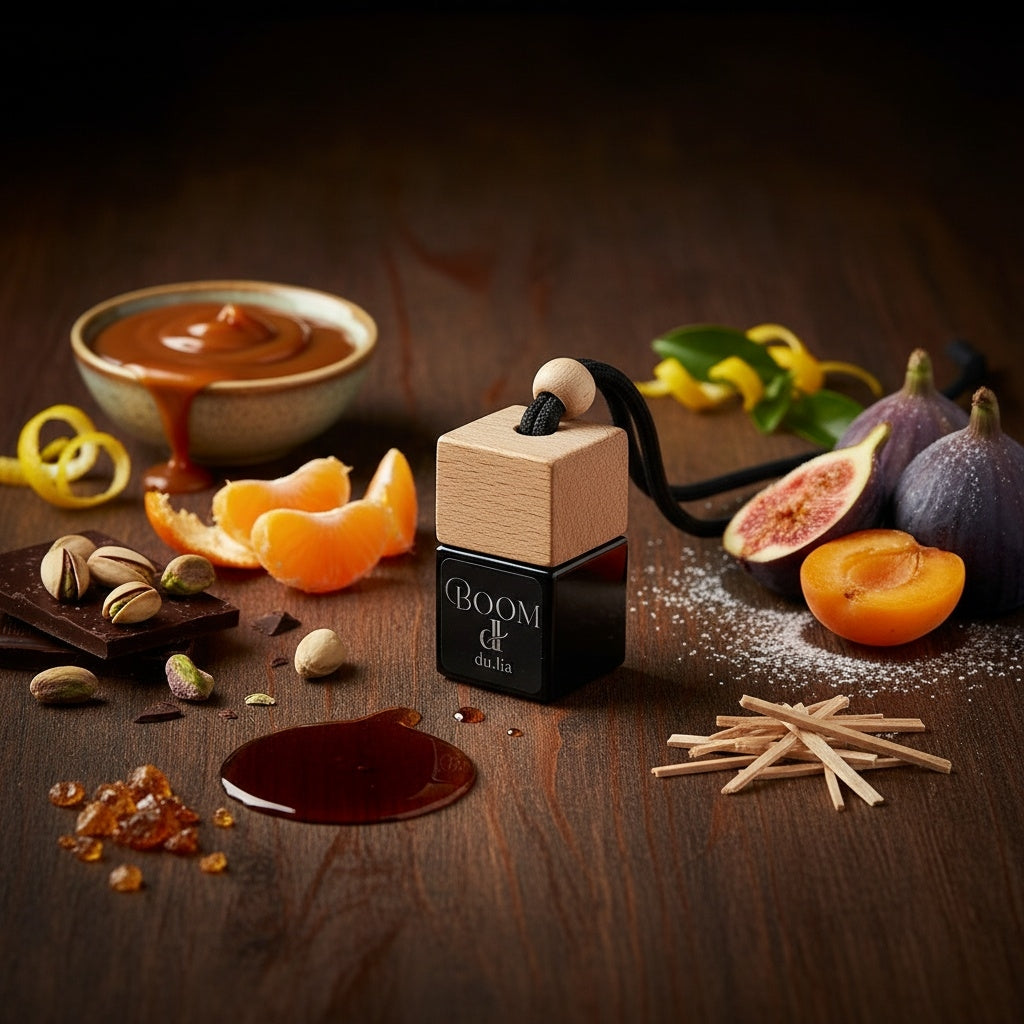 DU.LIA BOOM luxury car perfume bottle surrounded by caramel, pistachio, maple, citrus and warm spices – long-lasting hanging car freshener