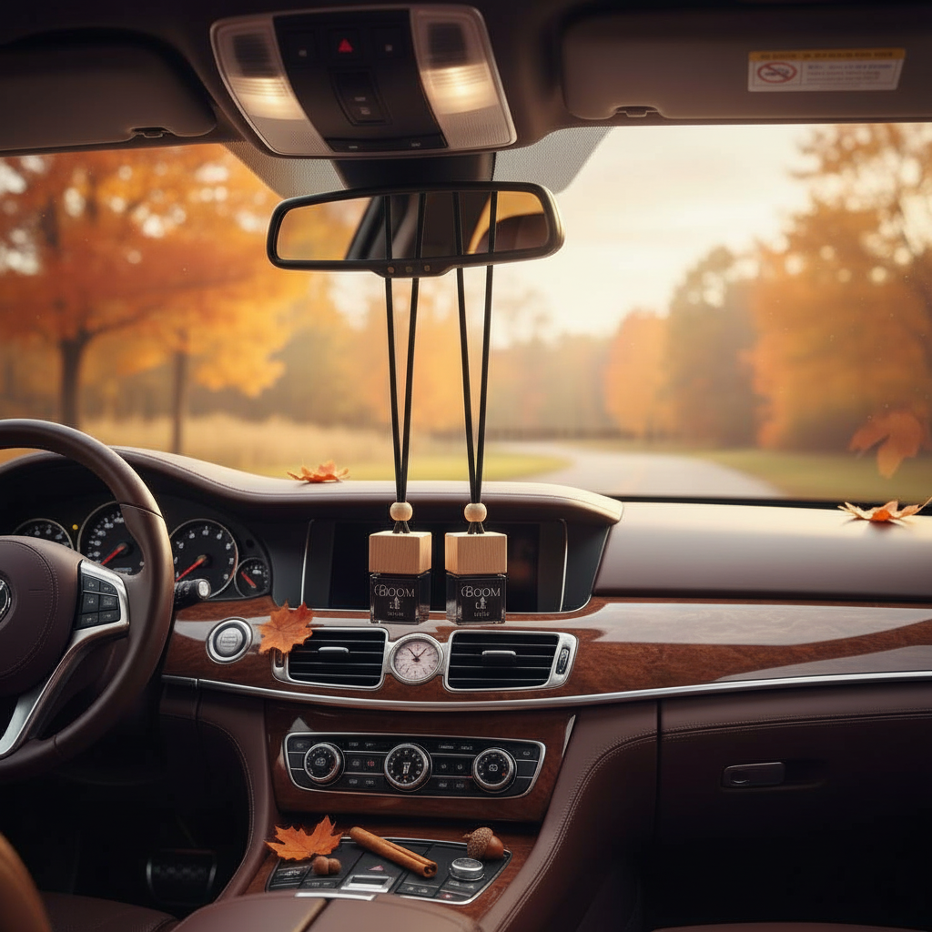 DU.LIA BOOM luxury car perfume bottle surrounded by caramel, pistachio, maple, citrus and warm spices – long-lasting hanging car freshener