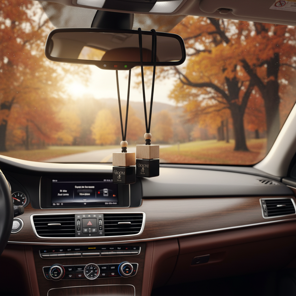 DU.LIA BOOM luxury car perfume bottle surrounded by caramel, pistachio, maple, citrus and warm spices – long-lasting hanging car freshener