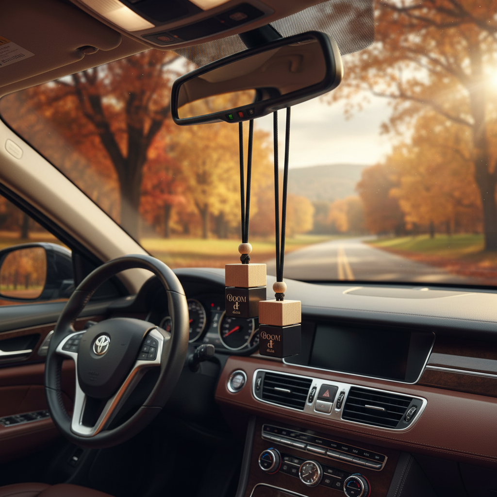 DU.LIA BOOM luxury car perfume bottle surrounded by caramel, pistachio, maple, citrus and warm spices – long-lasting hanging car freshener