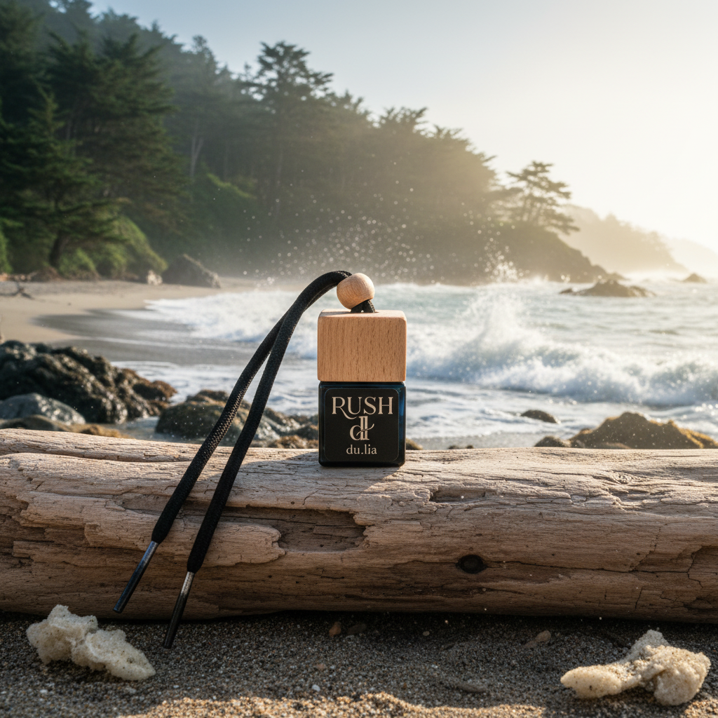 Ocean-inspired RUSH car perfume featuring sea spray, misted cypress, and driftwood.