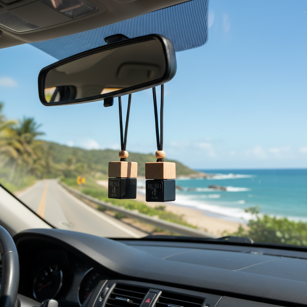 Fresh ocean-energy RUSH car scent displayed near driftwood and shoreline textures.