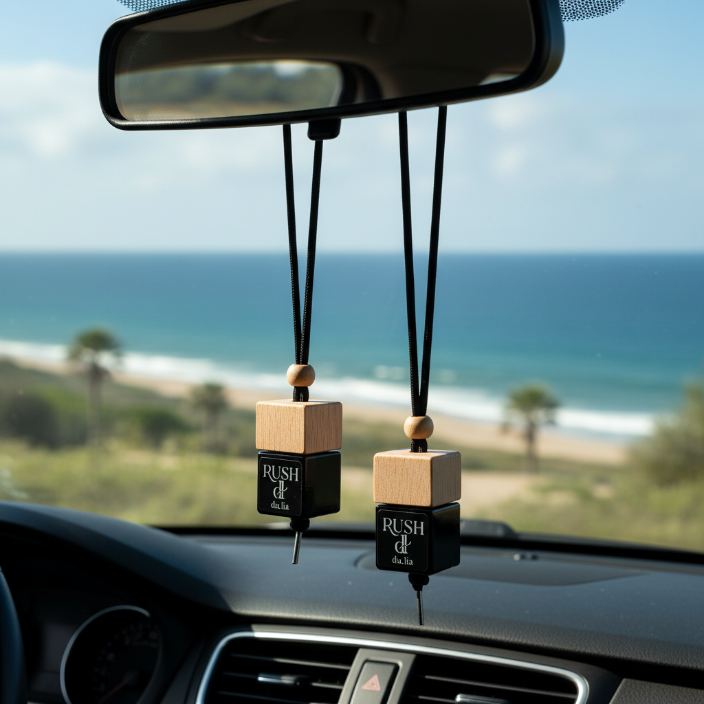 DU.LIA RUSH fragrance bottle styled in beach sand with waves and sea breeze elements.