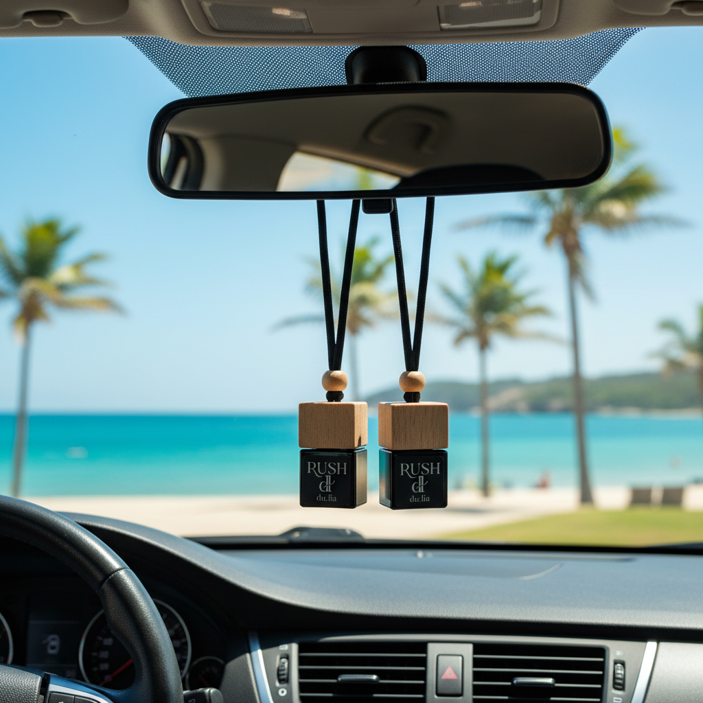 RUSH car freshener hanging in a car with coastal shoreline view.