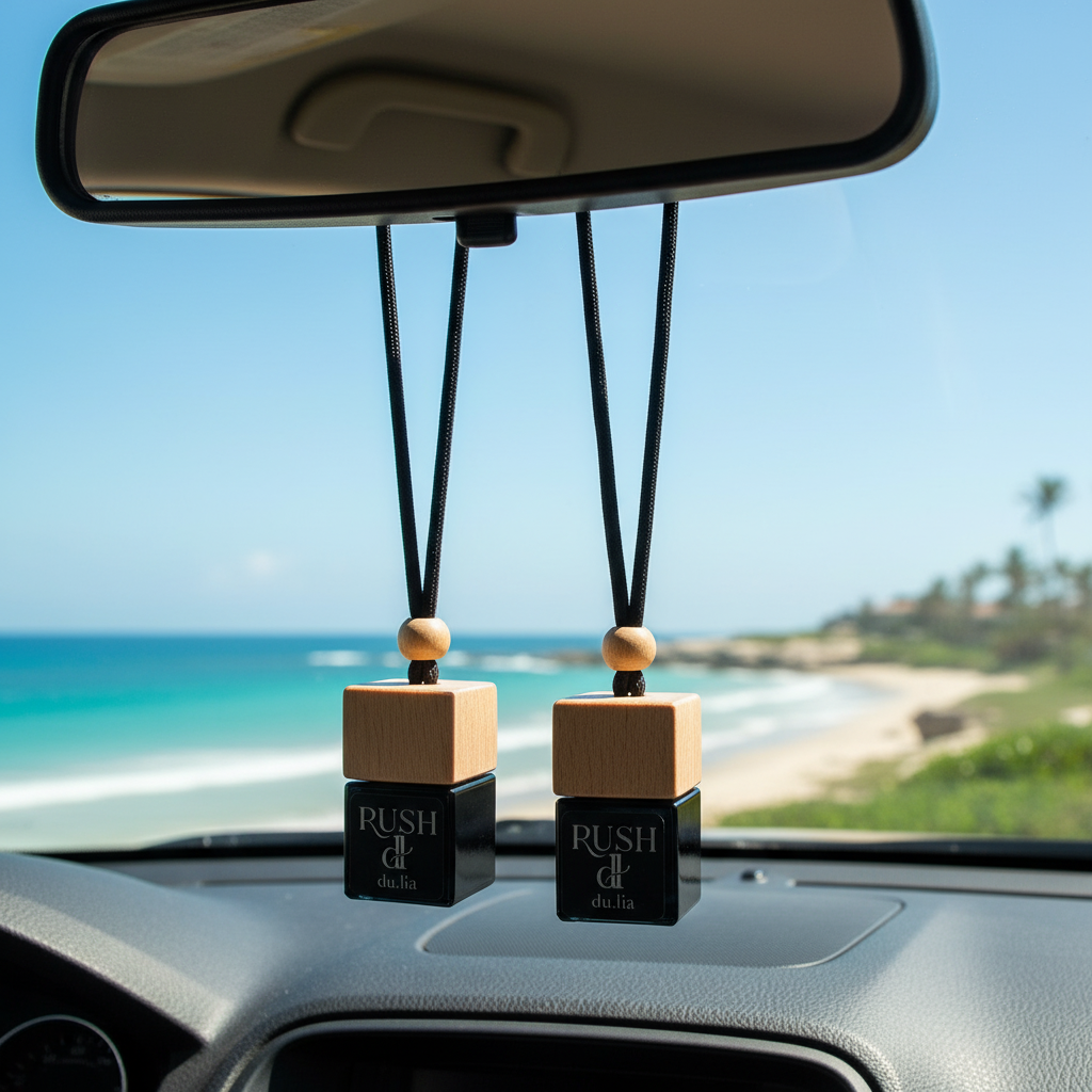 Coastal RUSH car freshener blending sea mist, clean woods, and breezy marine notes.