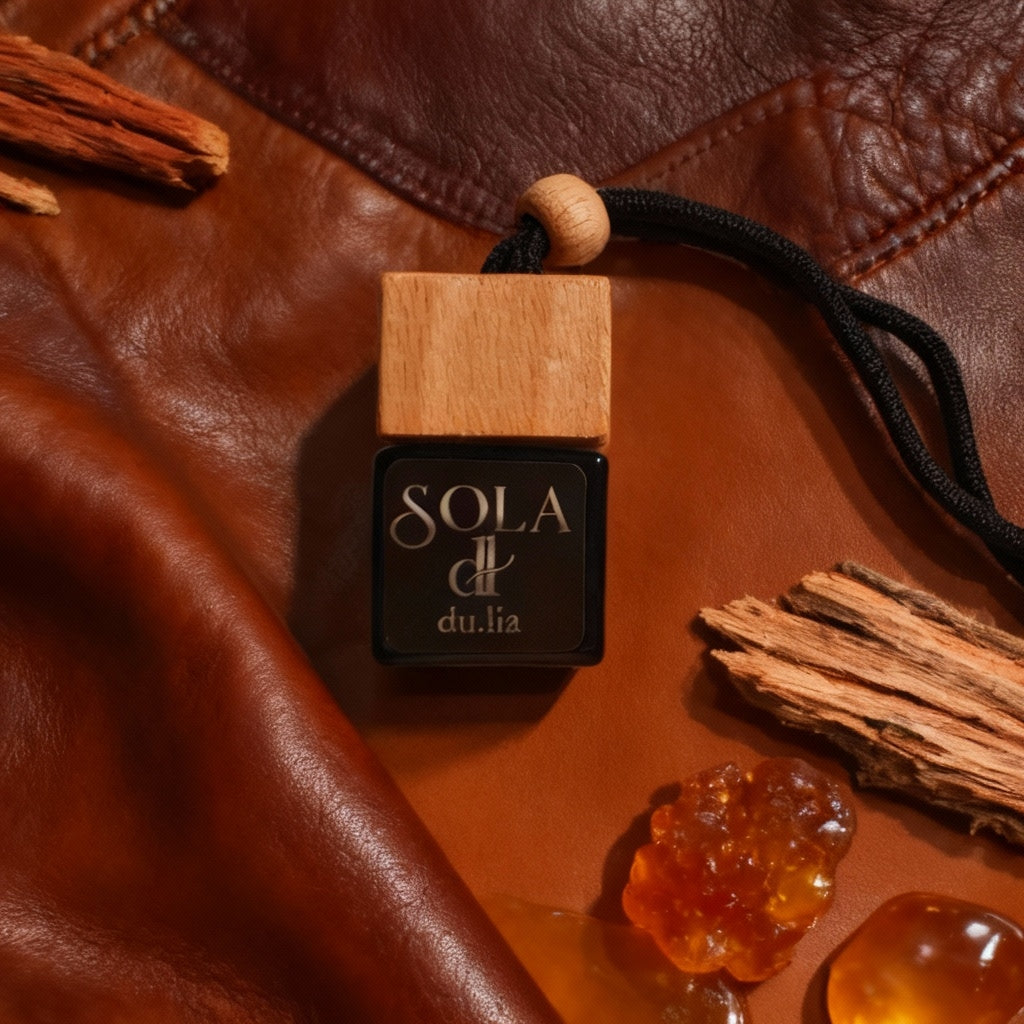 Refined SOLA car perfume bottle surrounded by cedar branches and soft leather accents.