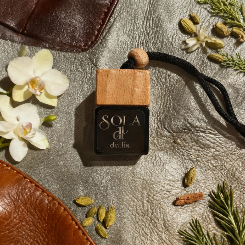 DU.LIA SOLA car freshener on wood surface—warm cedar and refined leather perfume.