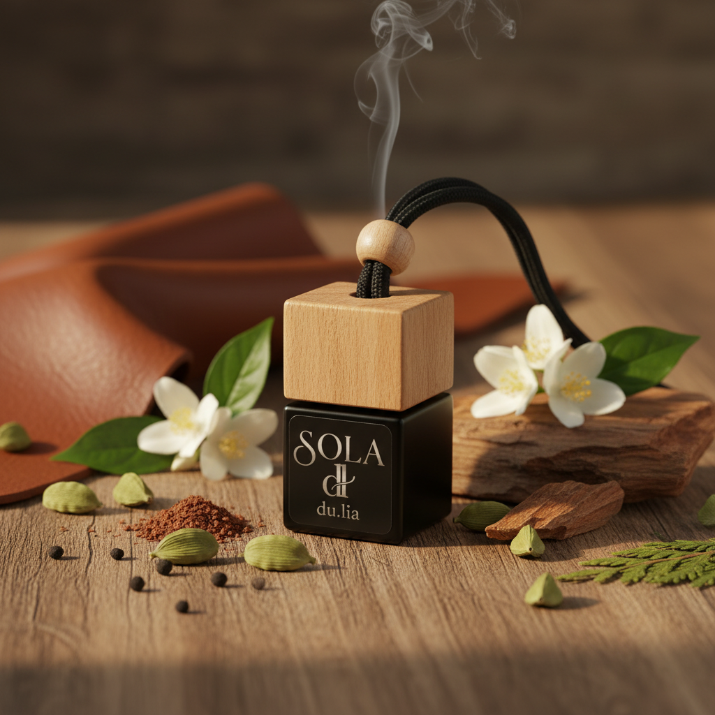 DU.LIA SOLA luxury car perfume with fresh leather and warm cedar aroma.