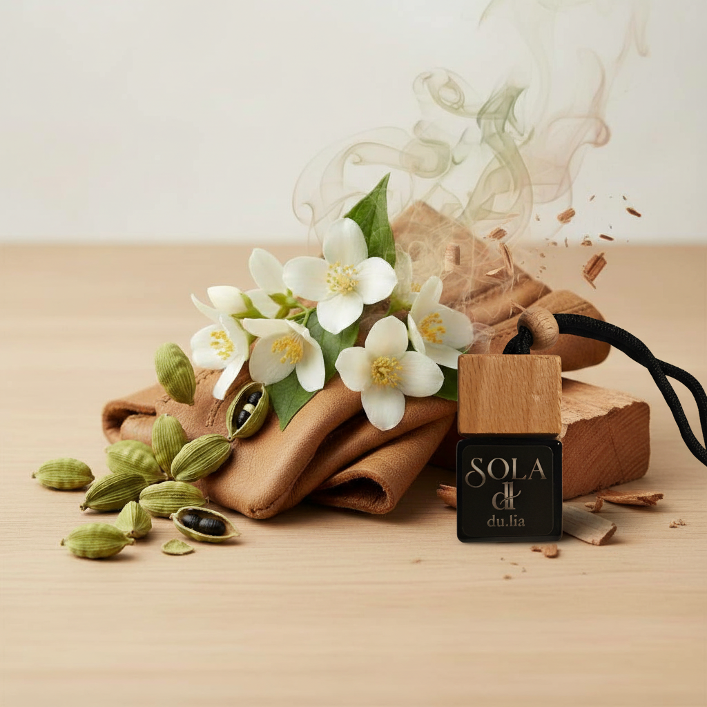 SOLA premium car perfume bottle with natural cedar and soft leather atmosphere.