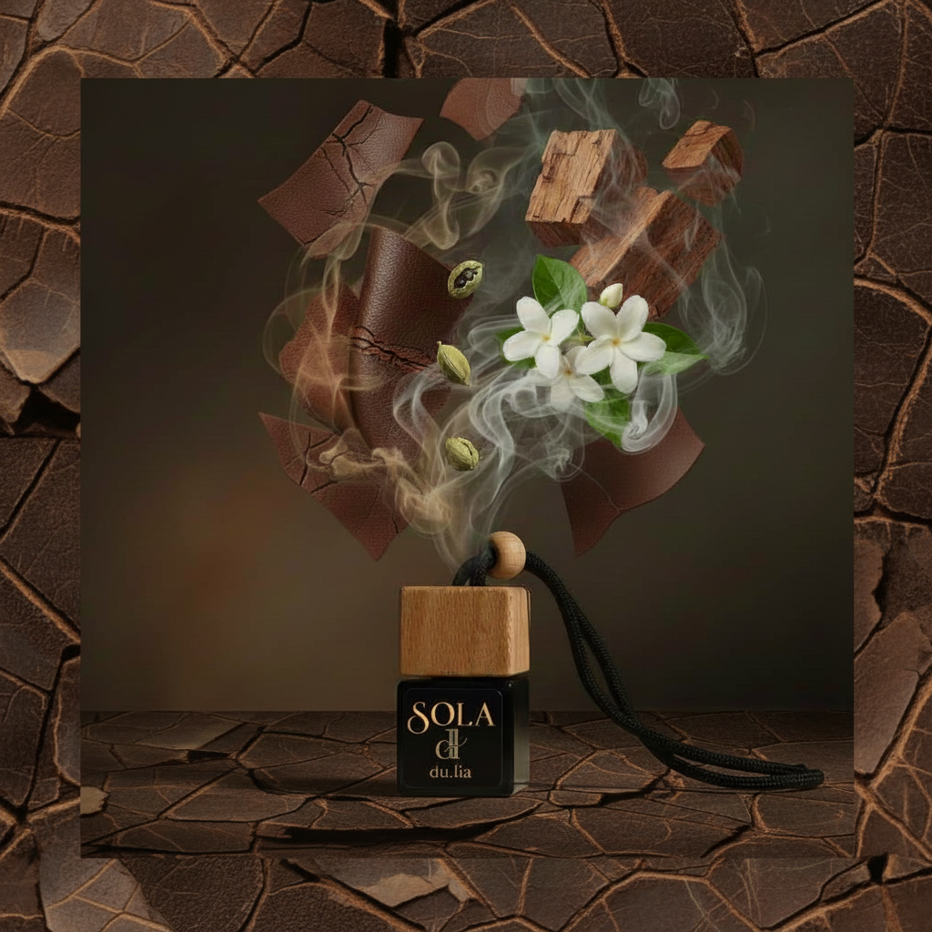 SOLA fragrance bottle styled with cedarwood and white floral notes for a modern, elegant vibe.