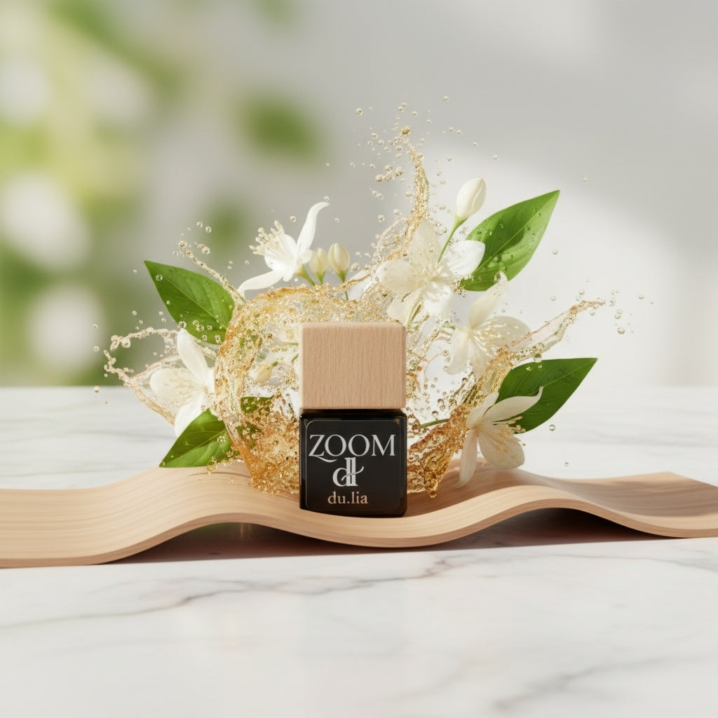 ZOOM car scent surrounded by fresh oranges, neroli flowers and basil leaves — premium long-lasting car perfume by DU.LIA