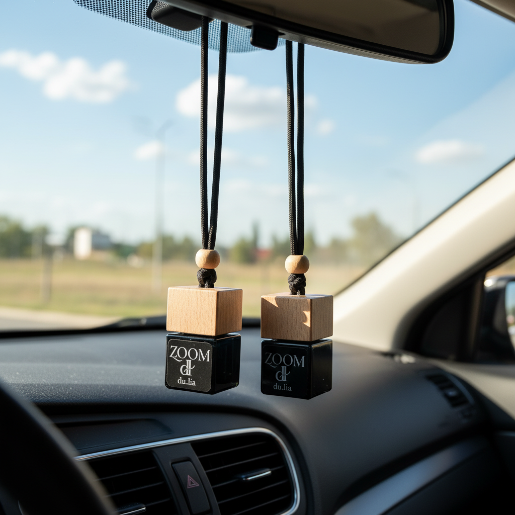 ZOOM citrus and neroli car perfume hanging inside a vehicle — bright, energizing long-lasting scent for cars