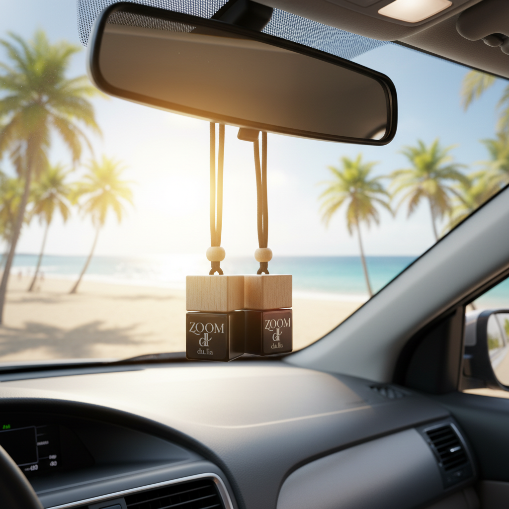 ZOOM citrus and neroli car perfume hanging inside a vehicle — bright, energizing long-lasting scent for cars