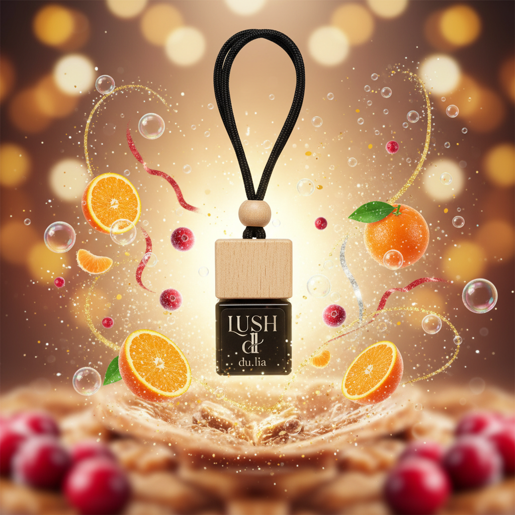 LUSH luxury hanging car freshener surrounded by oranges, cranberries, and festive sparkle.