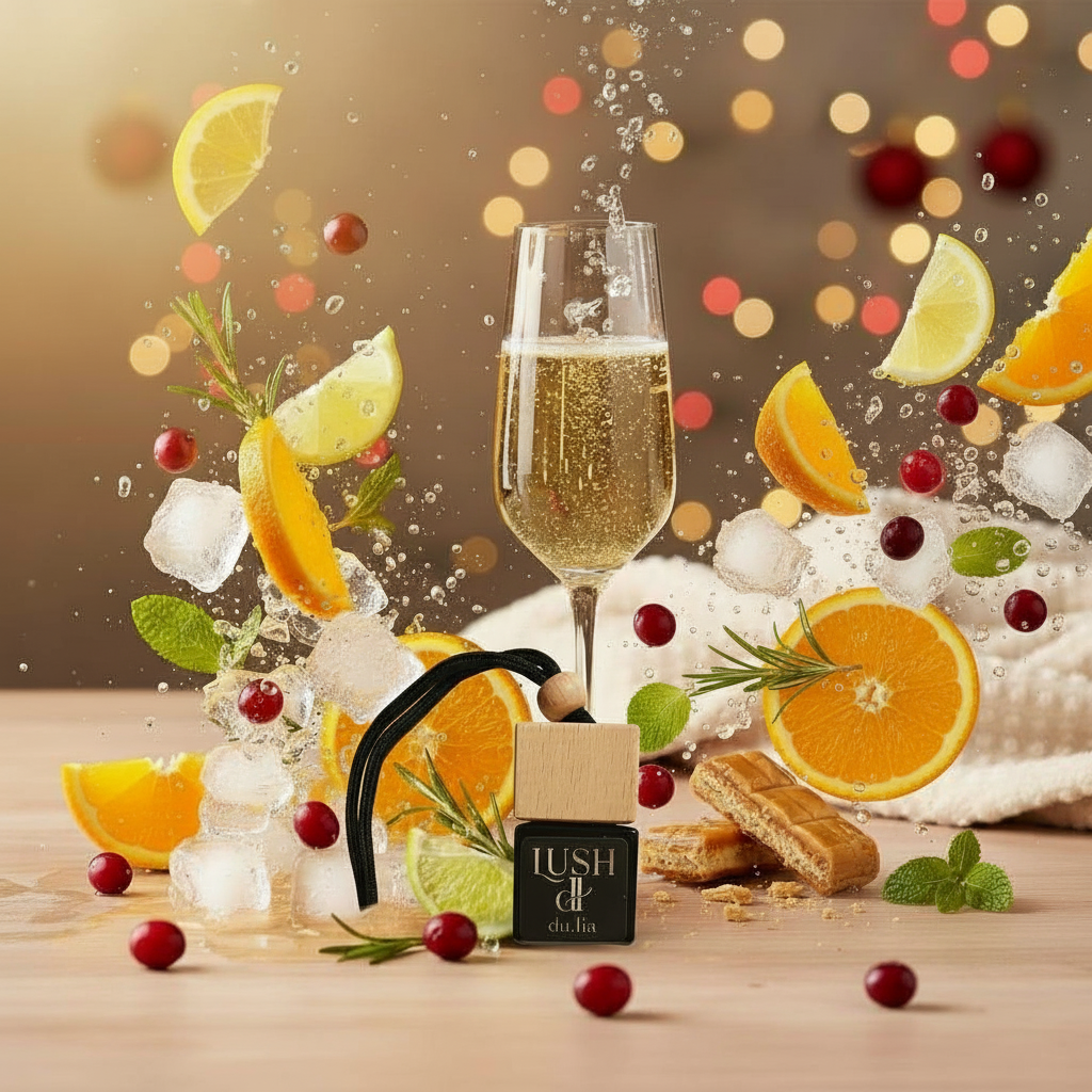 DU.LIA LUSH car perfume with citrus sparkle, cranberries, and bubbly prosecco notes.