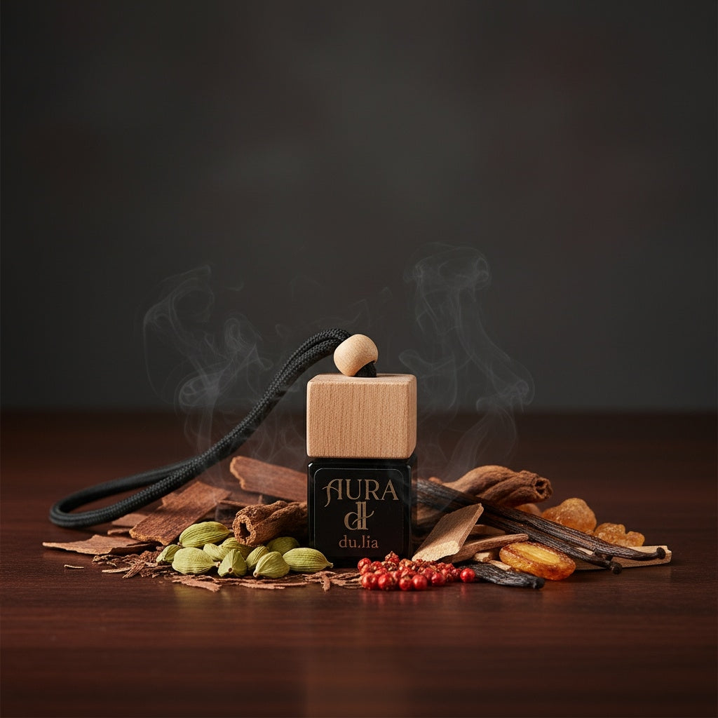 DU.LIA AURA long-lasting car fragrance with rich oud and creamy vanilla-amber aroma.
