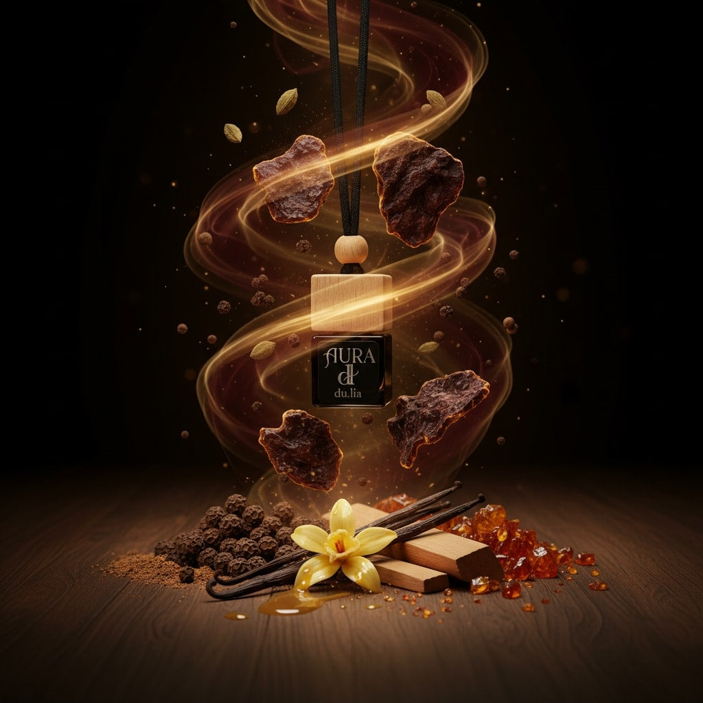 DU.LIA AURA luxury car perfume with cardamom, rosewood and oud—warm amber scent bottle.