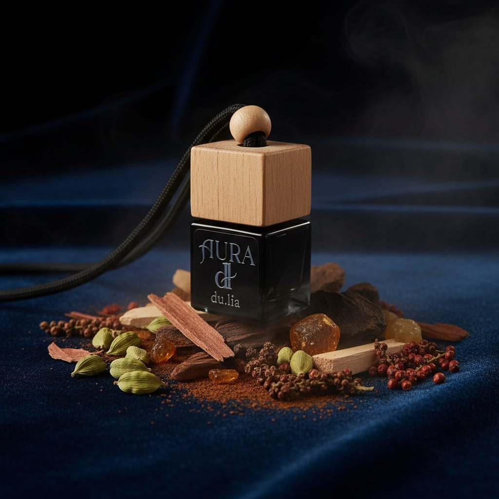AURA hanging car perfume by DU.LIA—dark, velvety rosewood and oud fragrance.