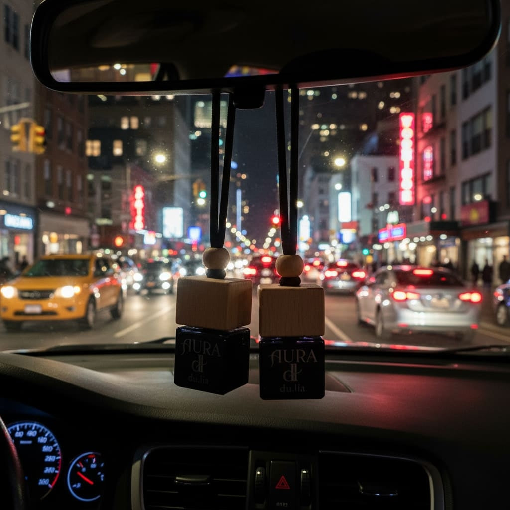 Elegant AURA car perfume—blend of rosewood, cardamom and deep oud in a luxury bottle.