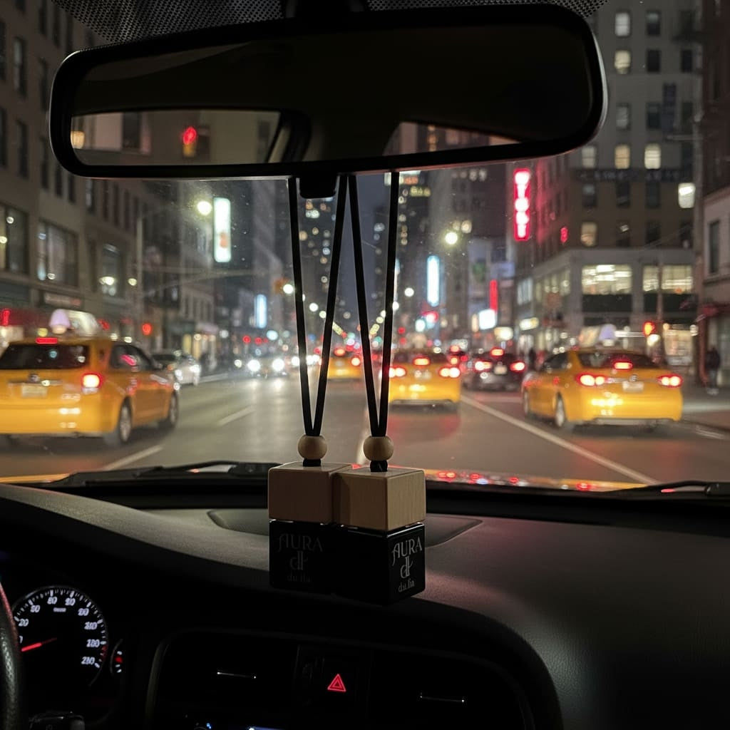 Luxurious AURA scent bottle surrounded by warm amber, vanilla and spiced cardamom notes.