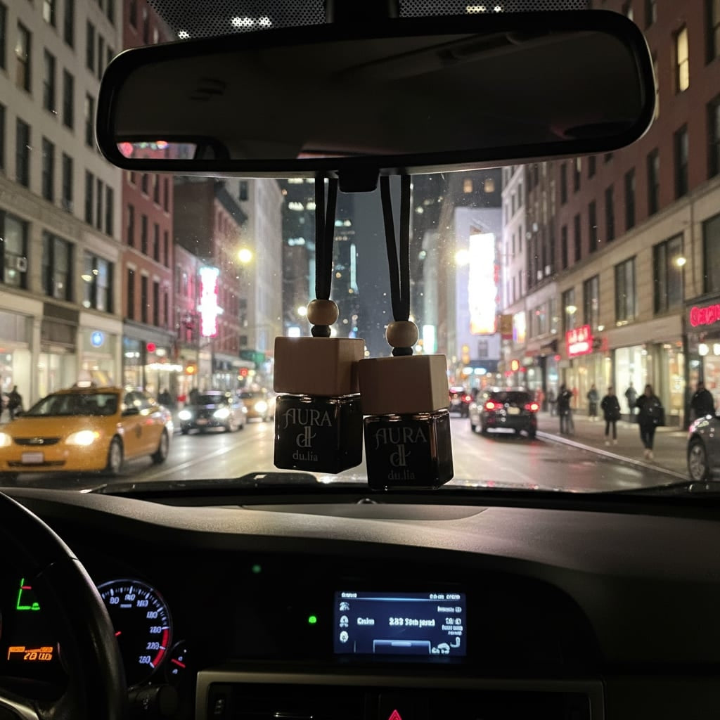 AURA car freshener bottle with exotic rosewood and spiced cardamom scent accents.