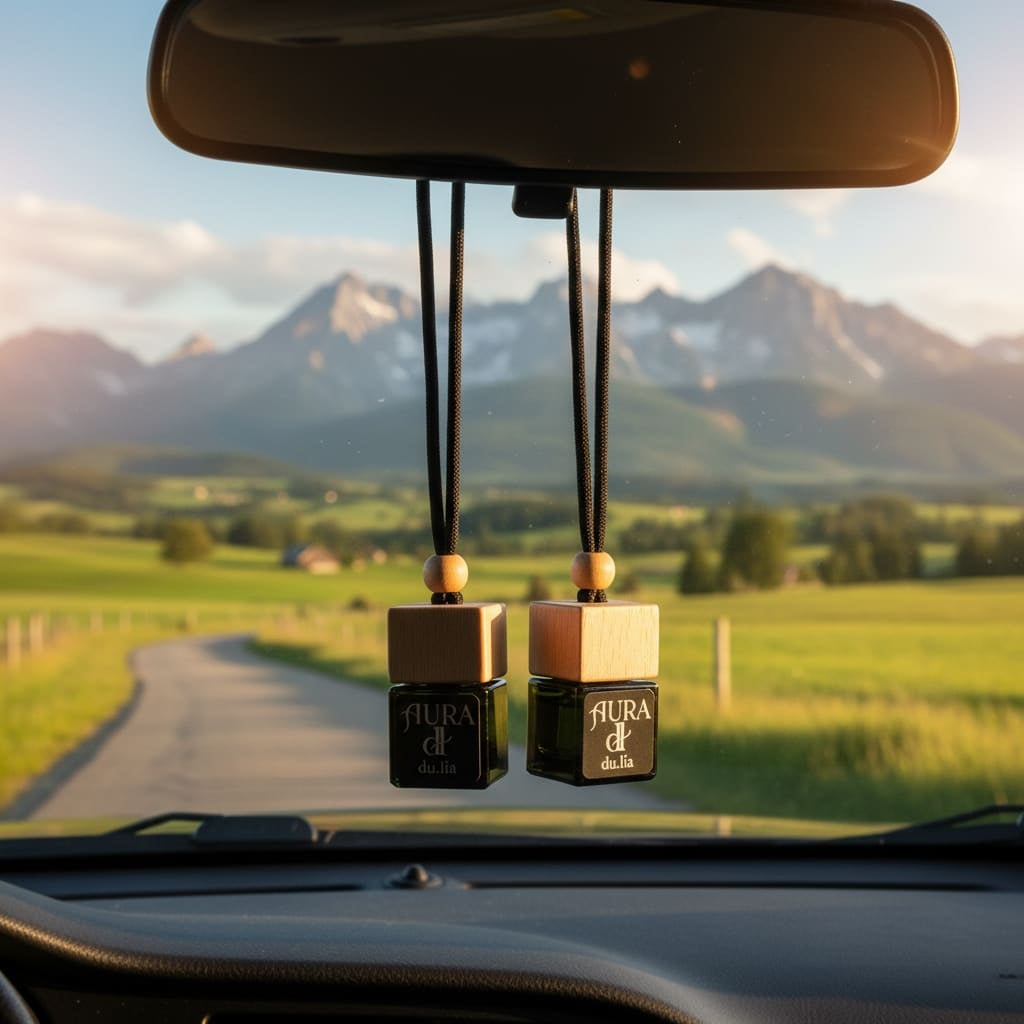 Dark, sensual AURA luxury car perfume—amber-vanilla base with warm cardamom and oud.