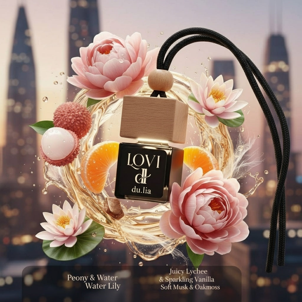 DU.LIA LOVI luxury car perfume with juicy lychee, mandarin, and peony floral accents.