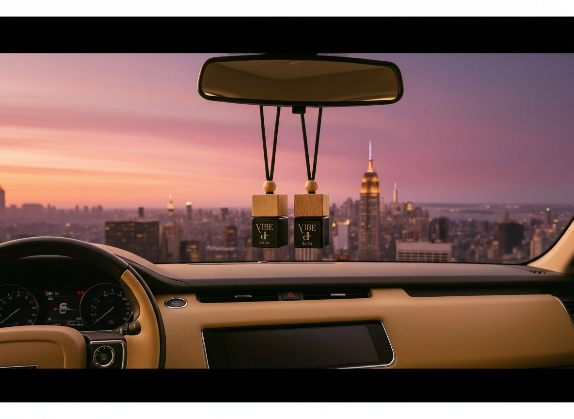 “DU.LIA luxury car air fresheners hanging from a rear-view mirror with the NYC skyline at sunset — premium long-lasting car perfume.”
