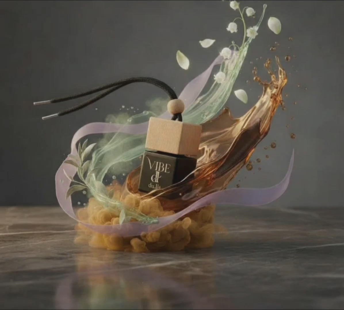 Artistic swirl of smoke and florals around VIBE bottle representing its rich fragrance blend.