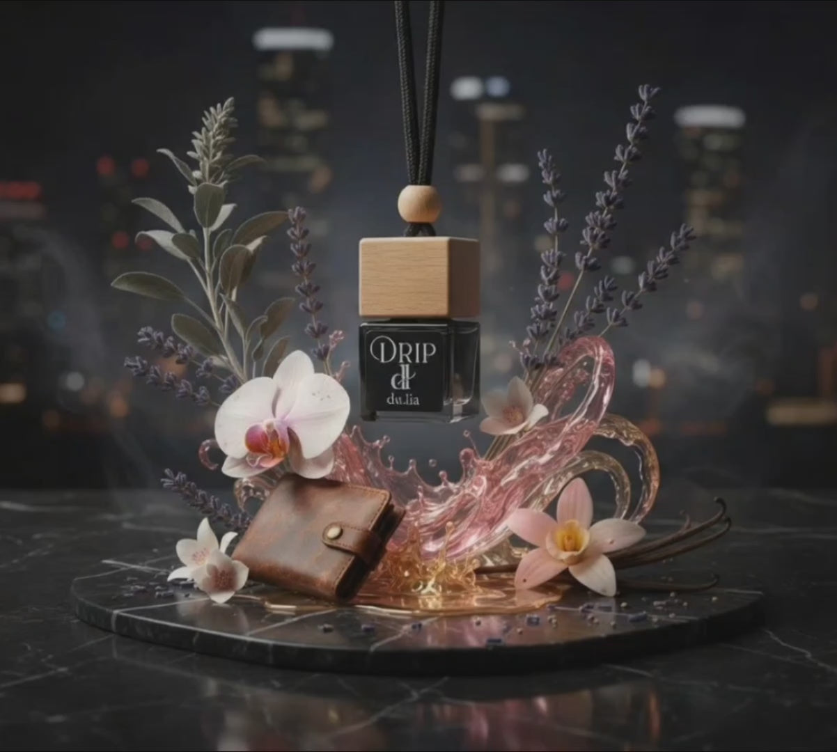 DU.LIA DRIP car perfume hanging inside a luxury car — warm caramel-coffee scent for a premium driving experience